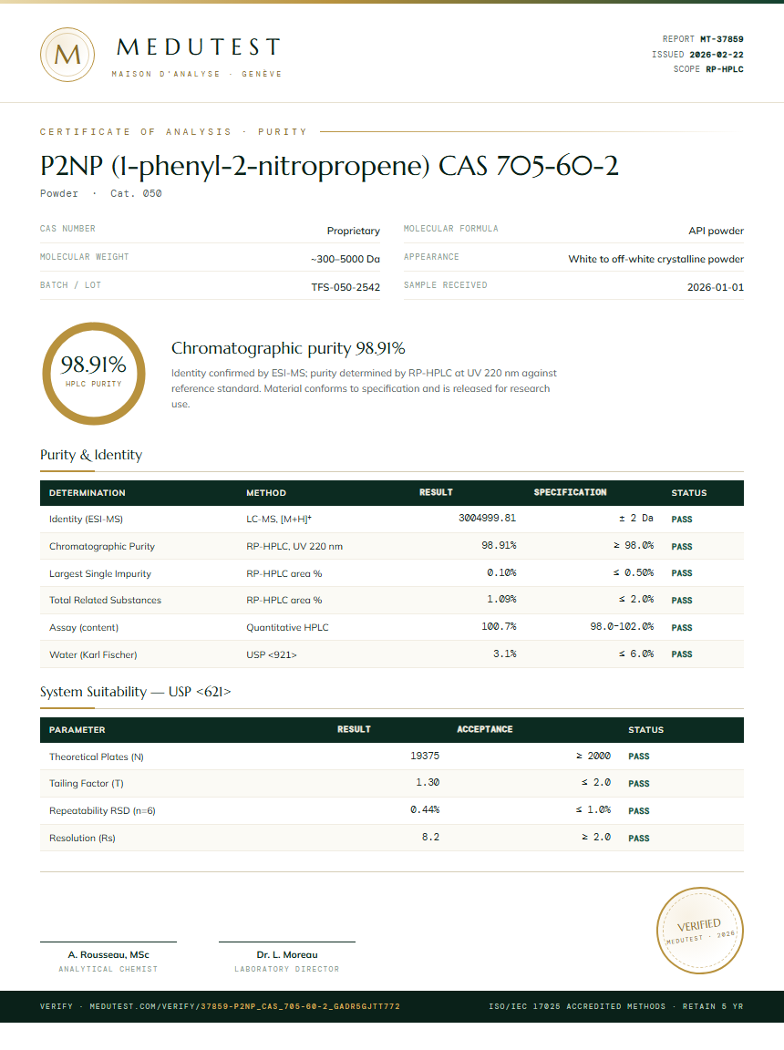 P2NP (1-phenyl-2-nitropropene) CAS 705-60-2 Purity Test Report by Medutest