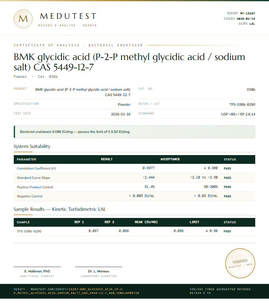 BMK glycidic acid (P-2-P methyl glycidic acid / sodium salt) CAS 5449-12-7 Endotoxin report by Medutest