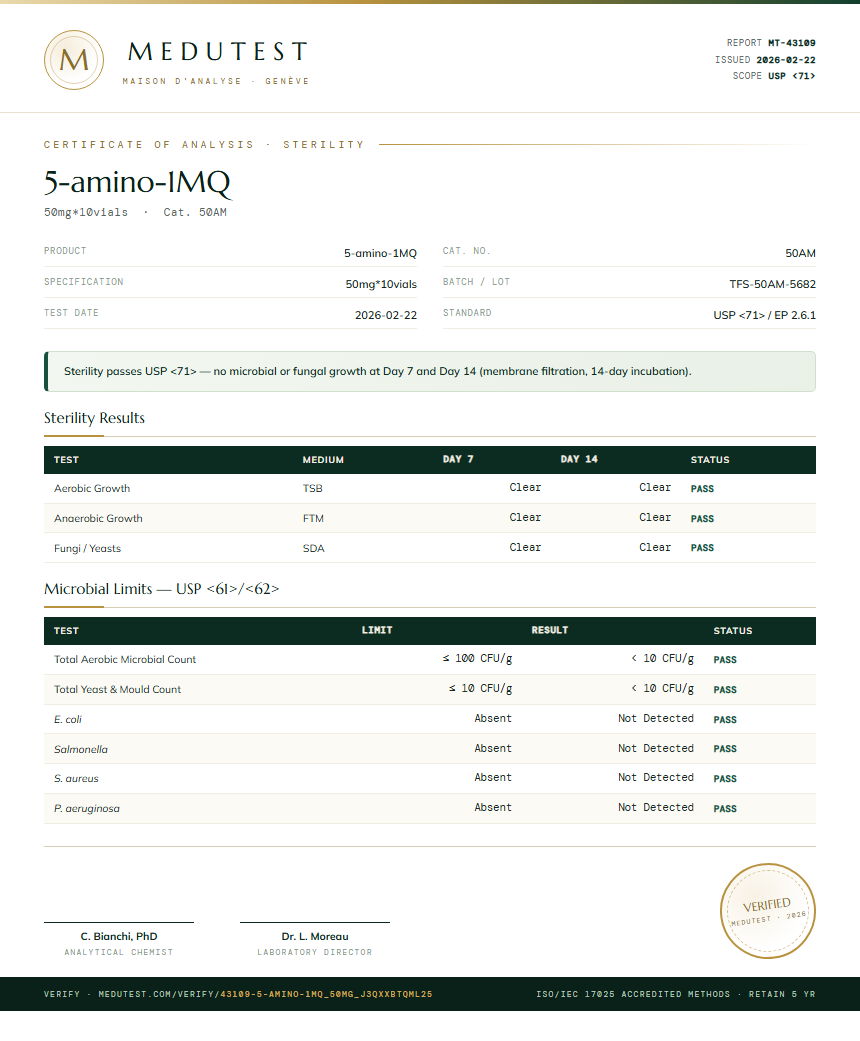 5-amino-1MQ Sterility report by Medutest