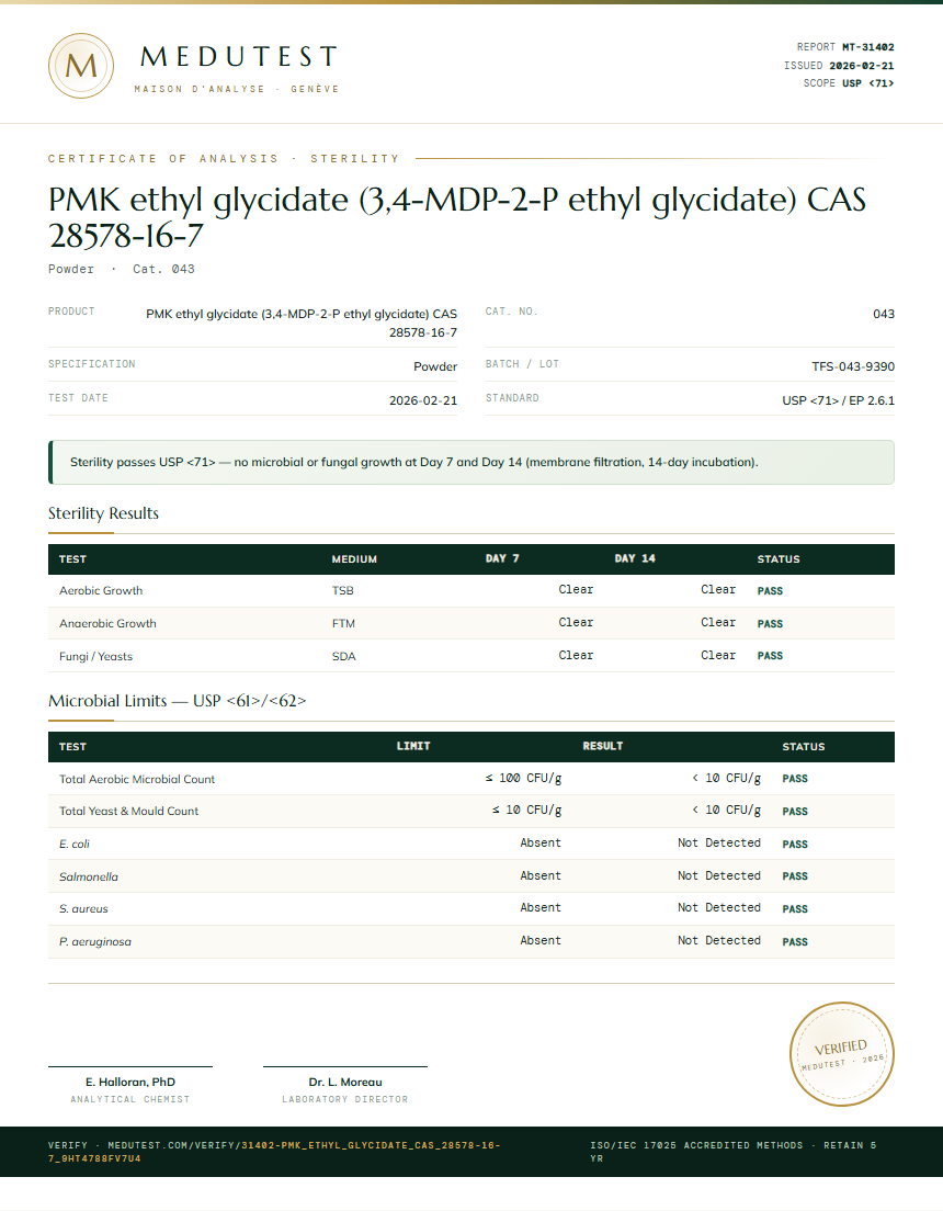 PMK ethyl glycidate (3,4-MDP-2-P ethyl glycidate) CAS 28578-16-7 Sterility report by Medutest