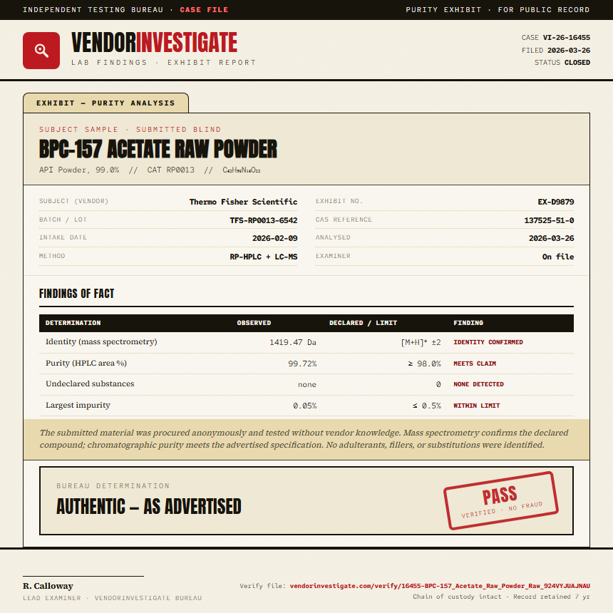 BPC-157 Acetate Raw Powder Purity (HPLC) report by VendorInvestigate