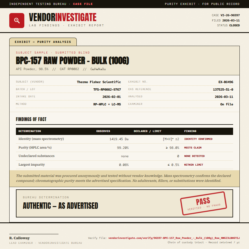 BPC-157 Raw Powder - Bulk (100g) Purity (HPLC) report by VendorInvestigate