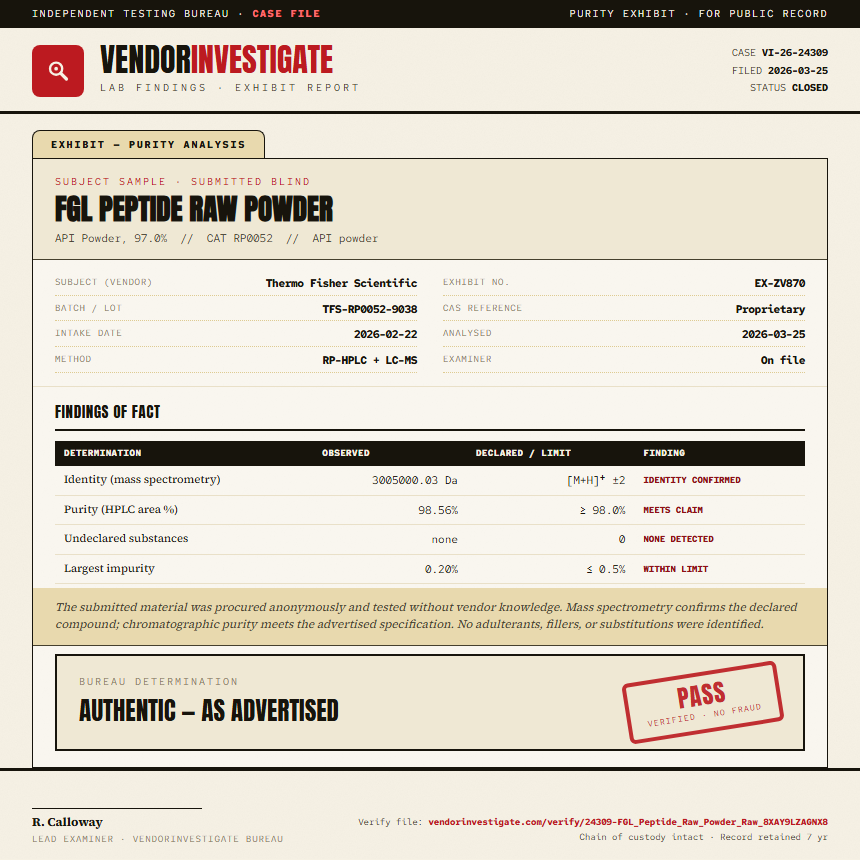 FGL Peptide Raw Powder Purity (HPLC) report by VendorInvestigate