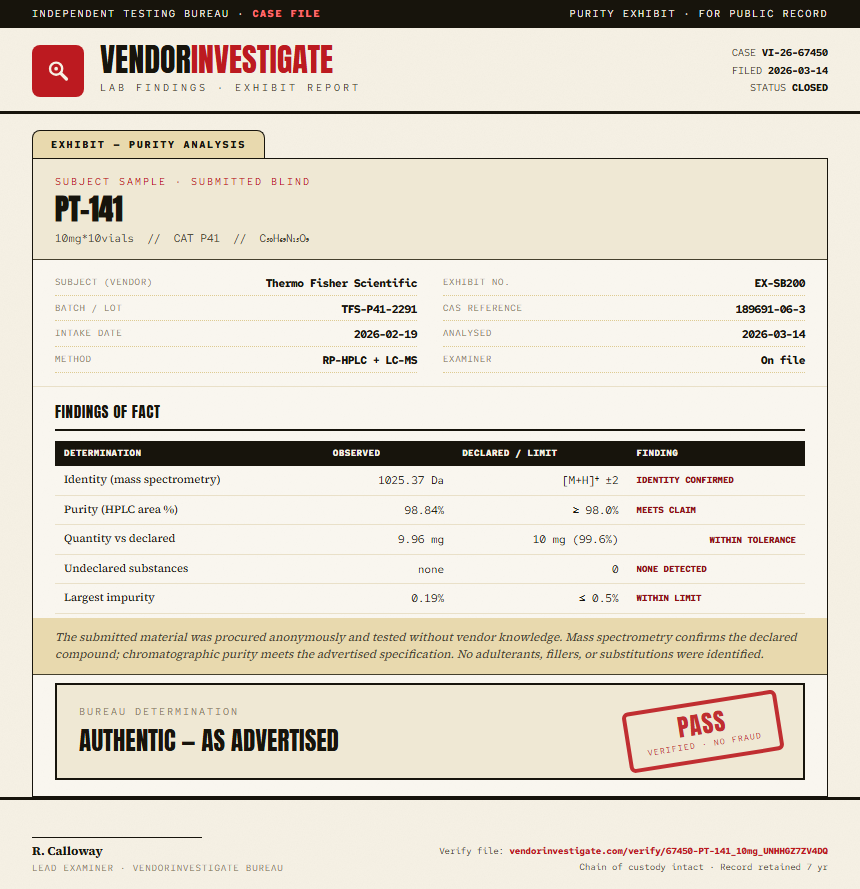 PT-141 Purity (HPLC) report by VendorInvestigate