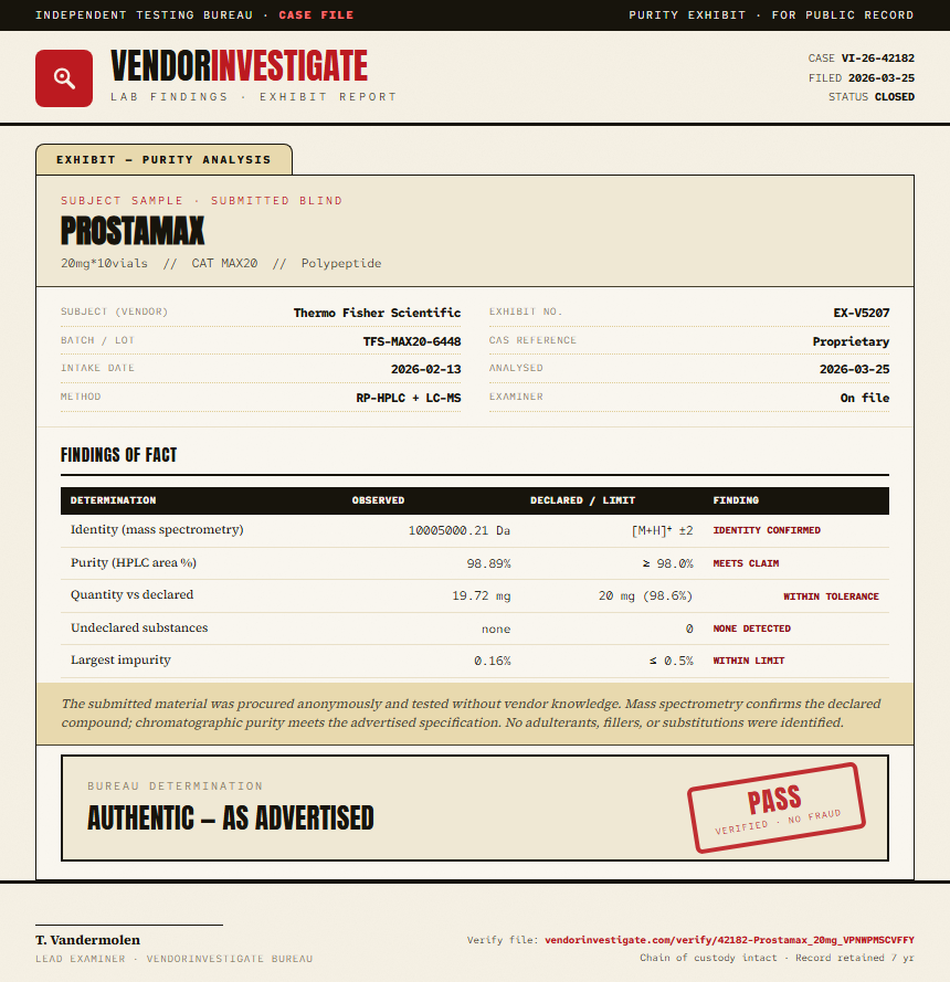 Prostamax Purity (HPLC) report by VendorInvestigate