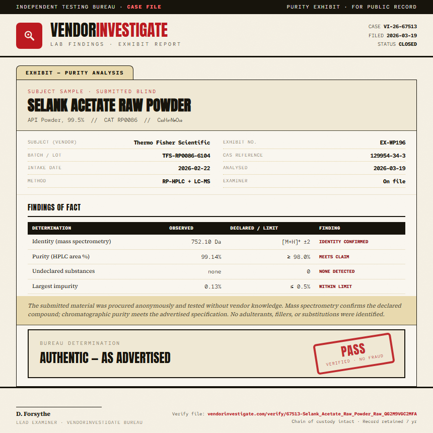 Selank Acetate Raw Powder Purity (HPLC) report by VendorInvestigate