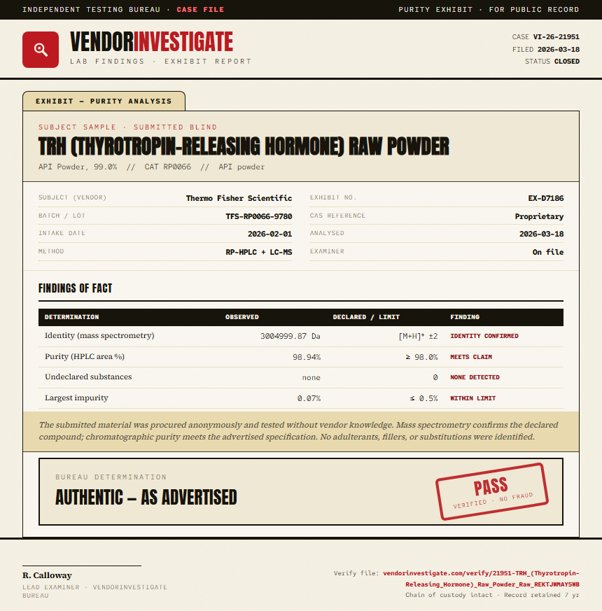 TRH (Thyrotropin-Releasing Hormone) Raw Powder Purity (HPLC) report by VendorInvestigate