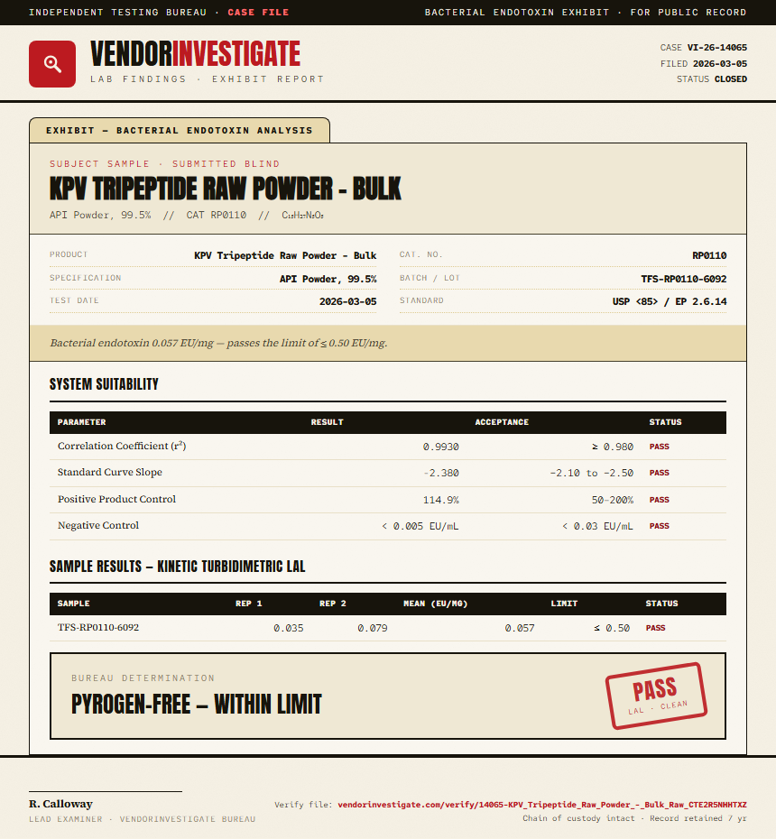 KPV Tripeptide Raw Powder - Bulk Endotoxin report by VendorInvestigate