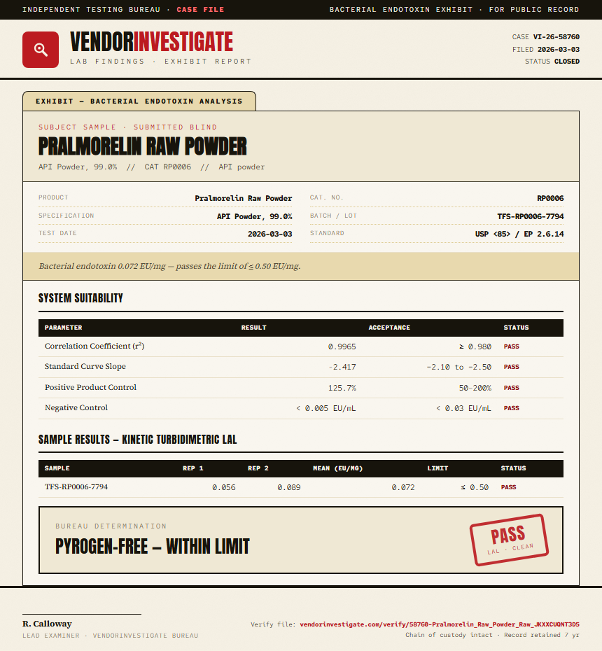 Pralmorelin Raw Powder Endotoxin report by VendorInvestigate