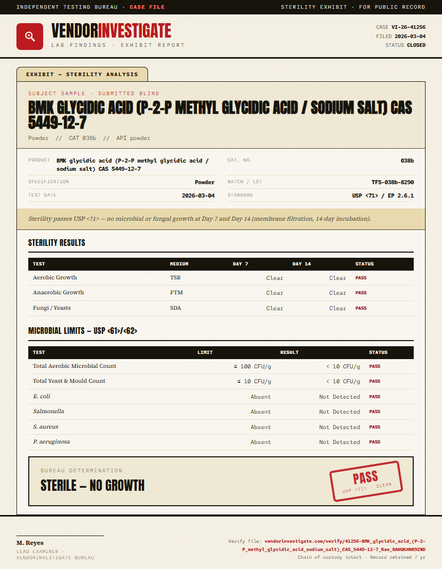 BMK glycidic acid (P-2-P methyl glycidic acid / sodium salt) CAS 5449-12-7 Sterility report by VendorInvestigate