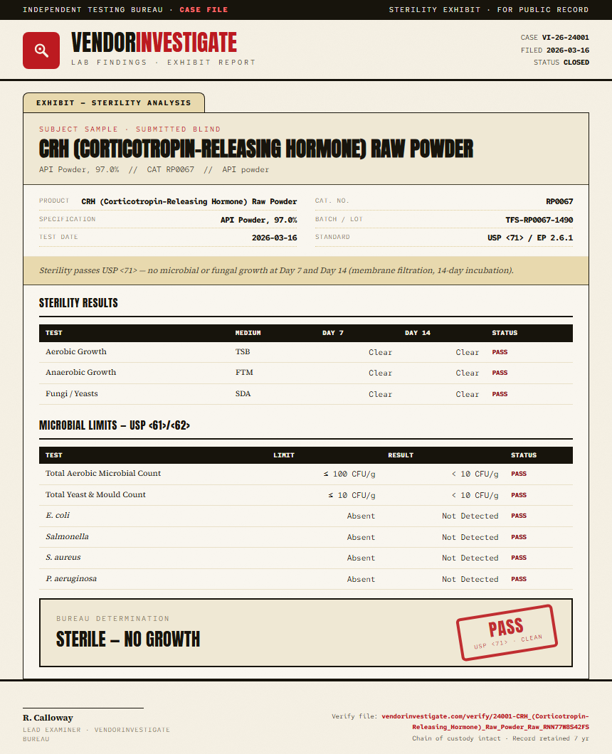 CRH (Corticotropin-Releasing Hormone) Raw Powder Sterility report by VendorInvestigate