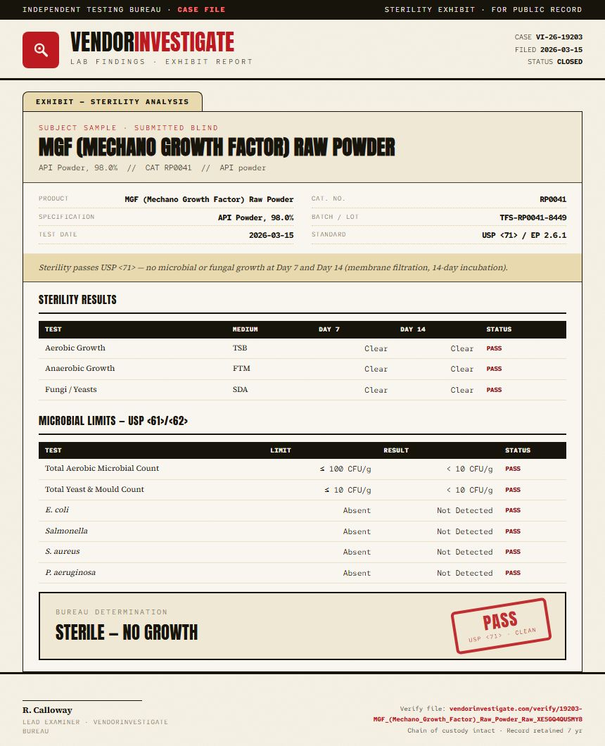 MGF (Mechano Growth Factor) Raw Powder Sterility report by VendorInvestigate